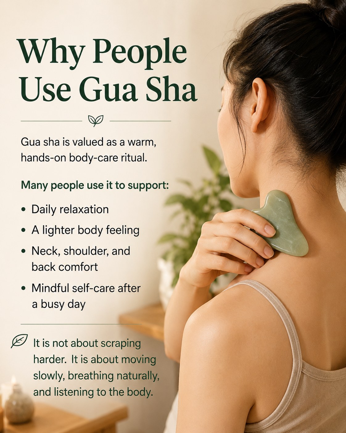 Gua sha used gently on neck and shoulder for daily self-care