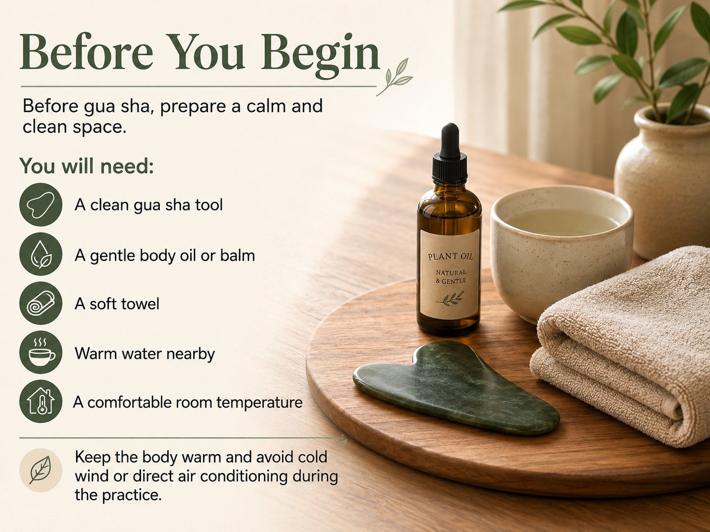 Gua sha preparation with oil, towel, warm water and tool