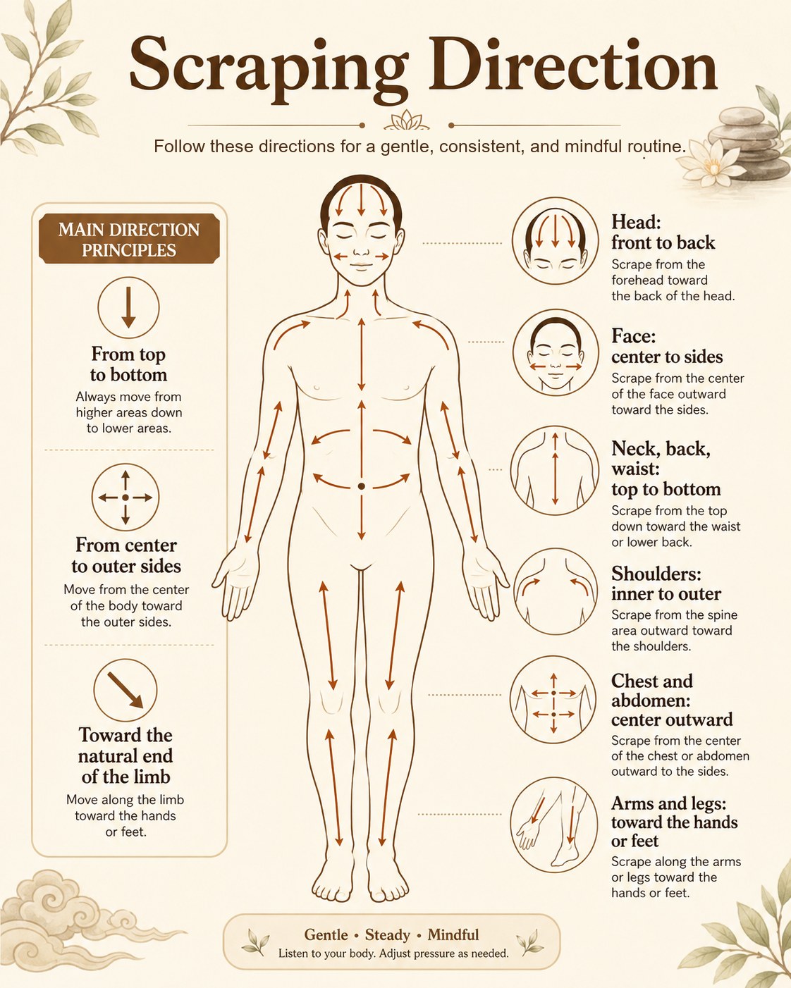 Gua sha direction guide for body areas