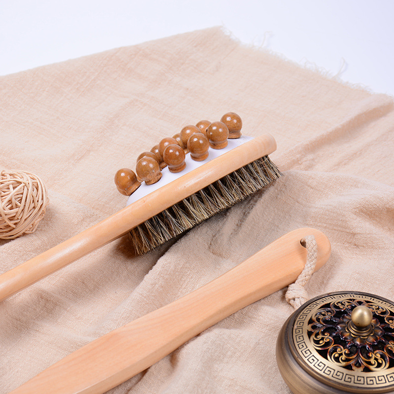 Natural Wood Double-Sided Bath Brush with Long Handle for Back Scrubbing and Relaxing Massage, Shower Body Brush - Image 4