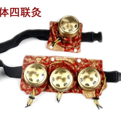 Satin Cloth Cover Copper Moxibustion Pot with Four-Unit Split Case, Warm Moxa Holder for Home Wellness Routine