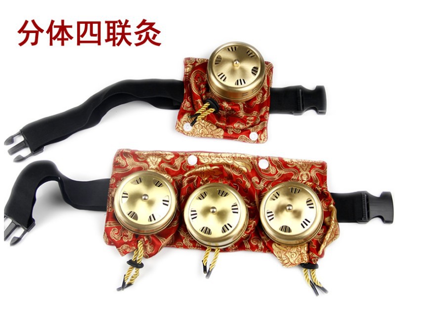 Satin Cloth Cover Copper Moxibustion Pot with Four-Unit Split Case, Warm Moxa Holder for Home Wellness Routine