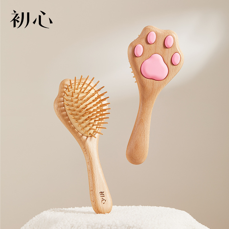 Beech Wood Massage Comb with Bean Massage Gear, Oval Square Design for Scalp Self-Care - Image 3