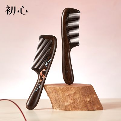 Beech Wood Wide-Tooth Hair Comb Set, Fine & Ball-Tip, Dark Gift Box, Natural Curly Hair Detangler for Home Self-Care