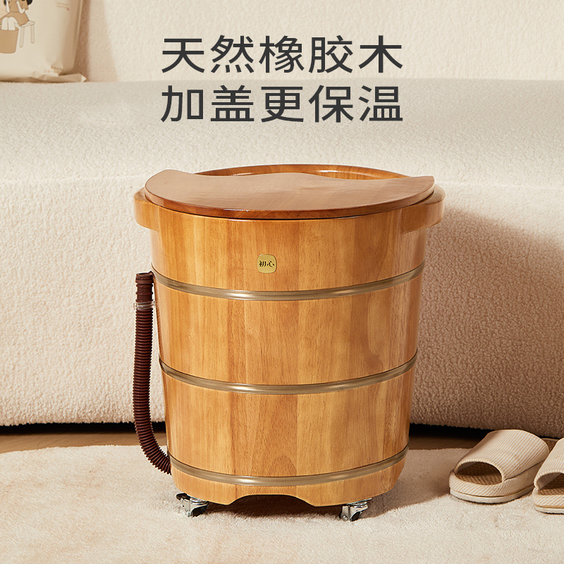 Solid Wood Foot Soaking Bucket with Cover and Drain, Traditional Home Foot Bath Basin for Relaxation - Image 2