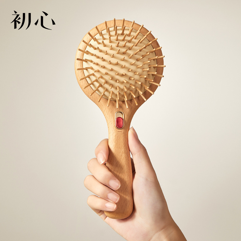 Beech Wood Massage Comb with Bean Massage Gear, Oval Square Design for Scalp Self-Care