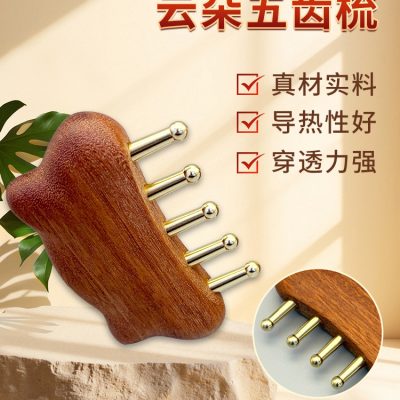 Brass Cloud-Shaped Five-Tooth Massage Comb with Sandalwood Handle, Copper Teeth, Scalp Meridian Scraping Tool