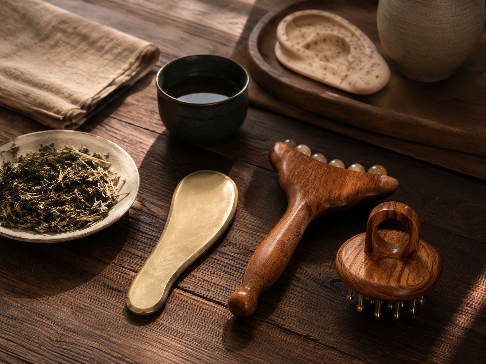 Gua sha and meridian bodywork tools on a wooden table