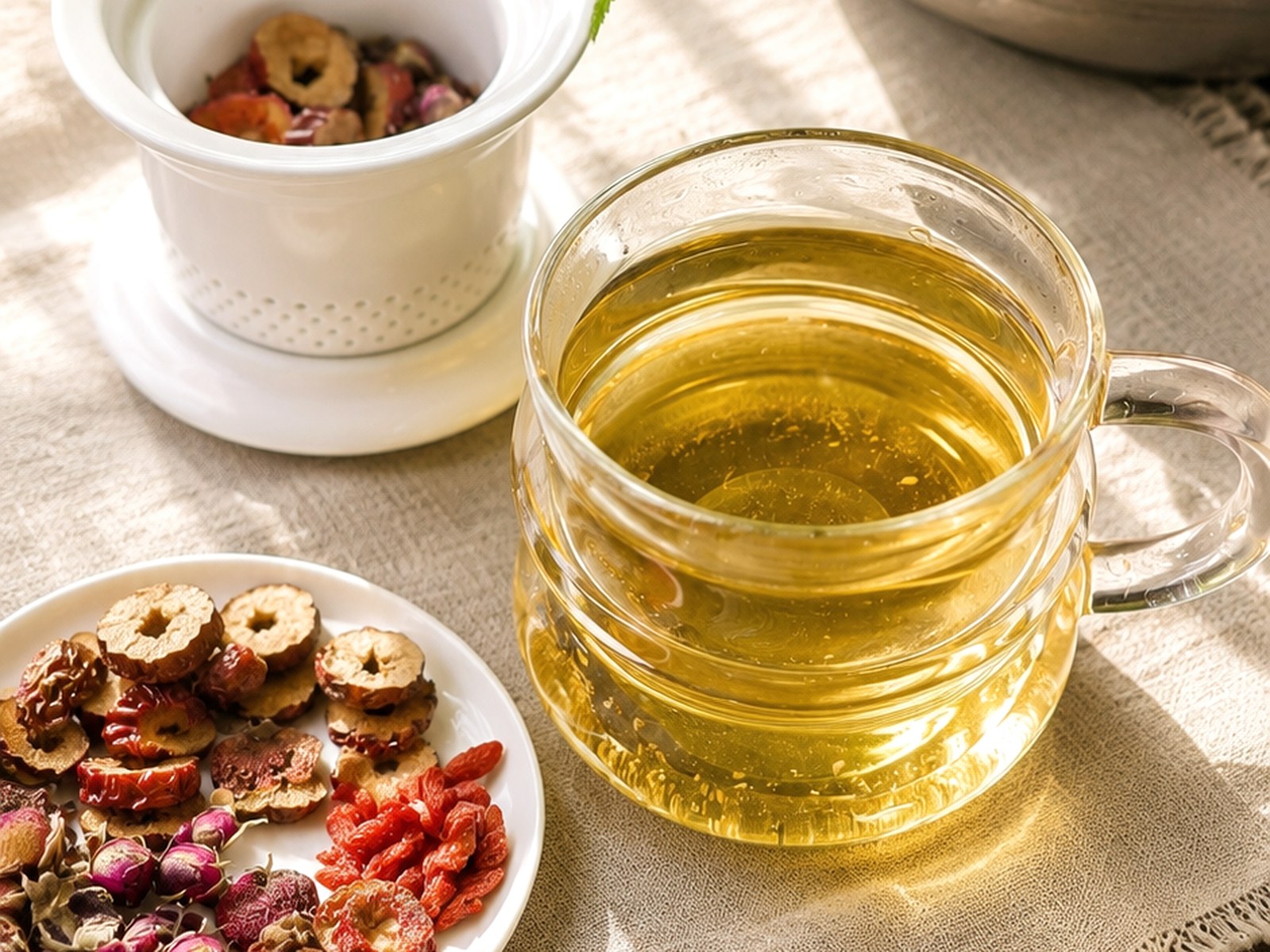 Seasonal tea and herbal food ingredients in natural light