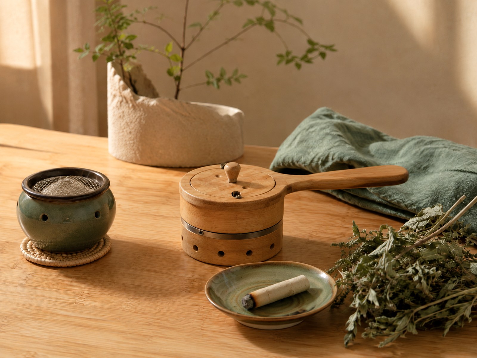 Moxa tools and mugwort on a warm wooden table