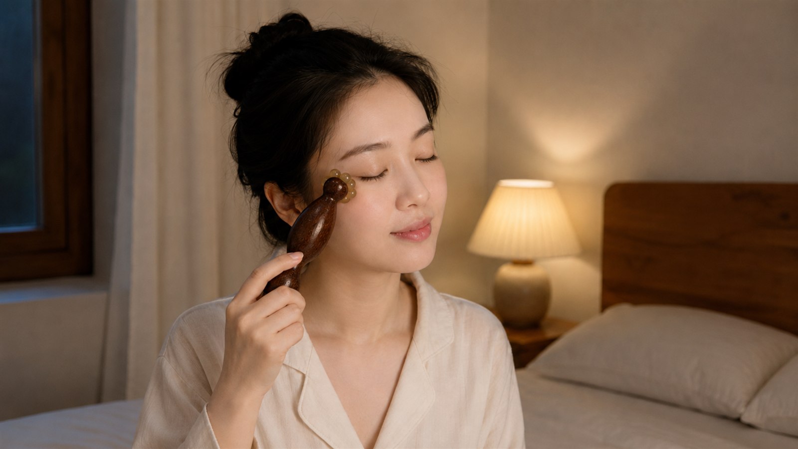 Gentle facial massage tool used near the eye area in a calm bedroom setting