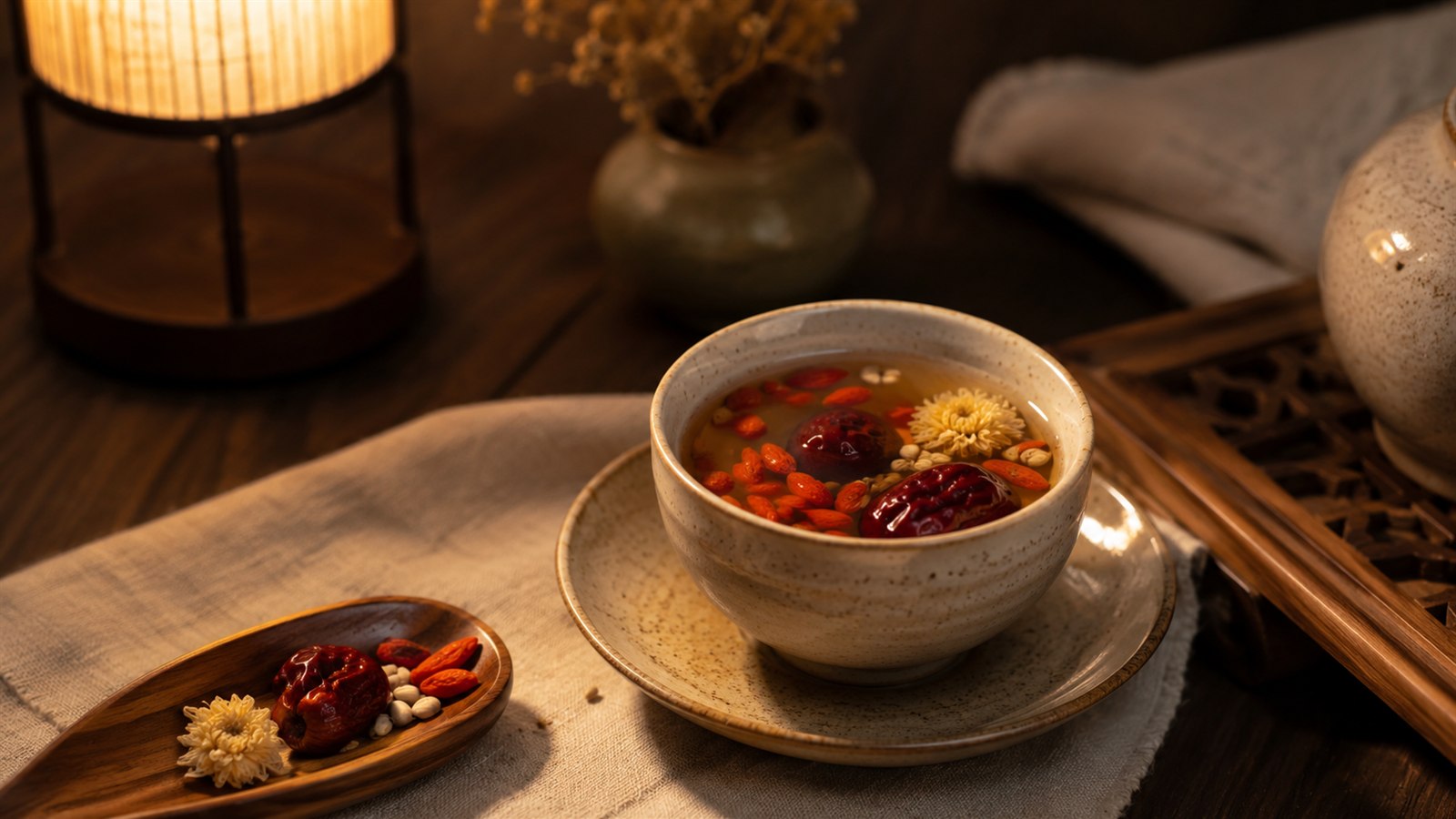 Warm evening tea with dates, goji berries, and chrysanthemum on a wooden table
