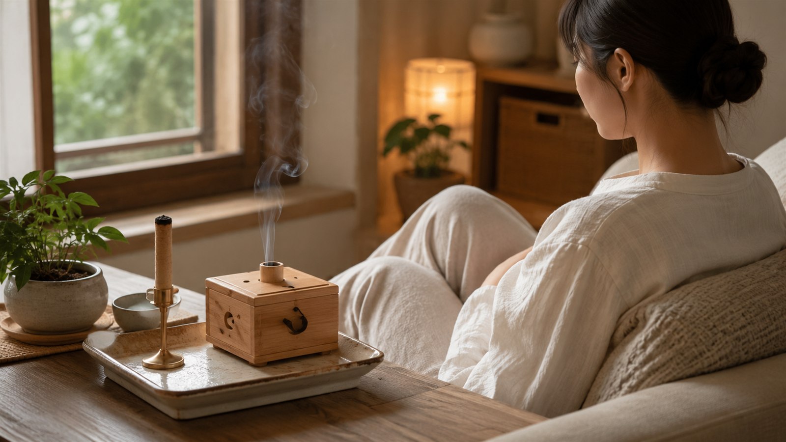 Gentle moxa warmth setup near an open window in a quiet evening room