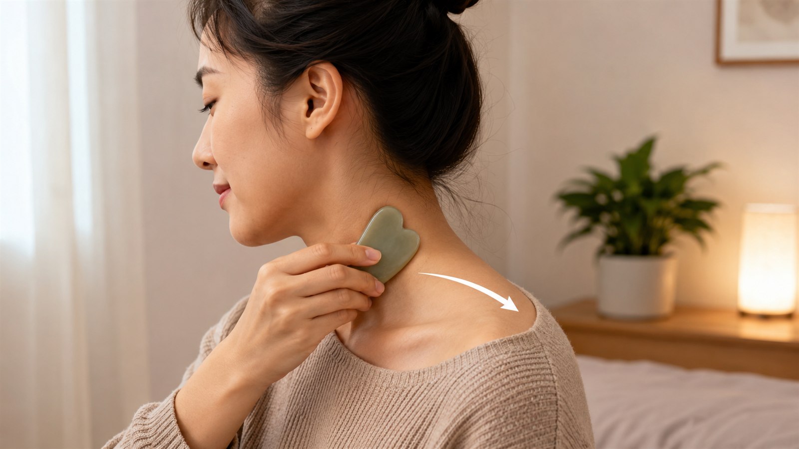 Gentle neck and shoulder gua sha movement for an evening self-care routine