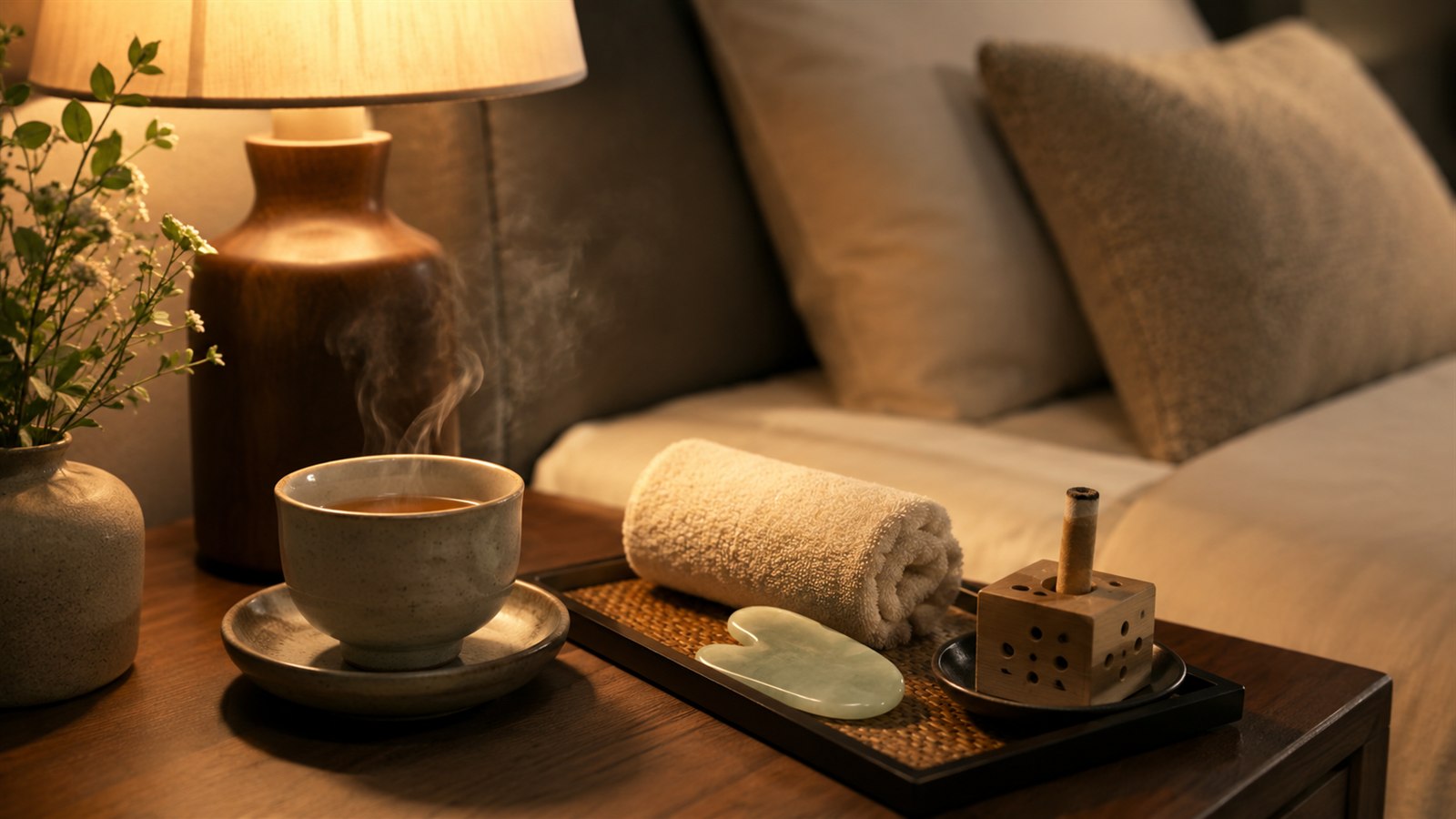 Warm bedside wellness setup with tea, towel, gua sha tool, and moxa holder