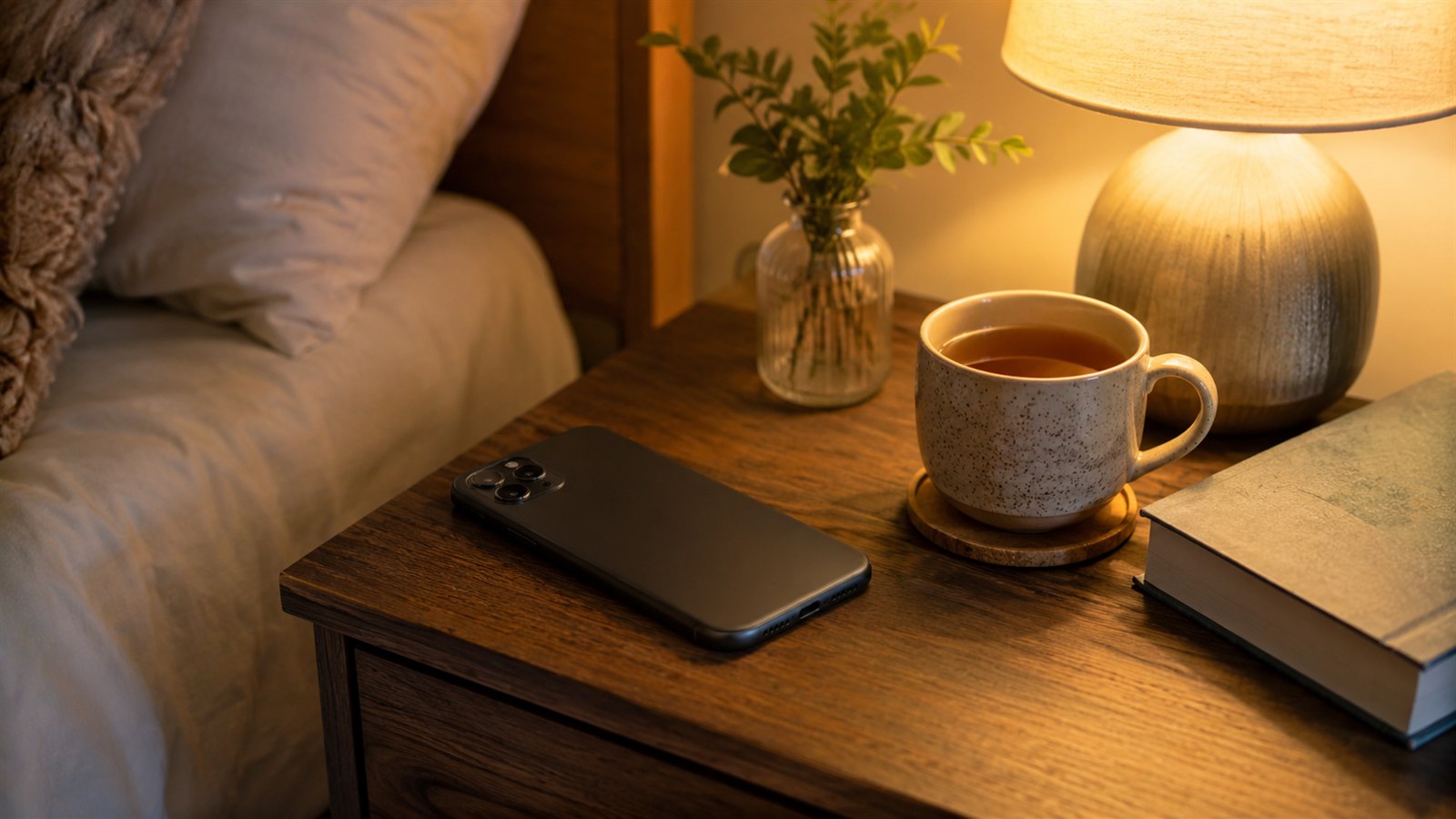 Phone set aside beside warm tea and a book for a quiet evening routine