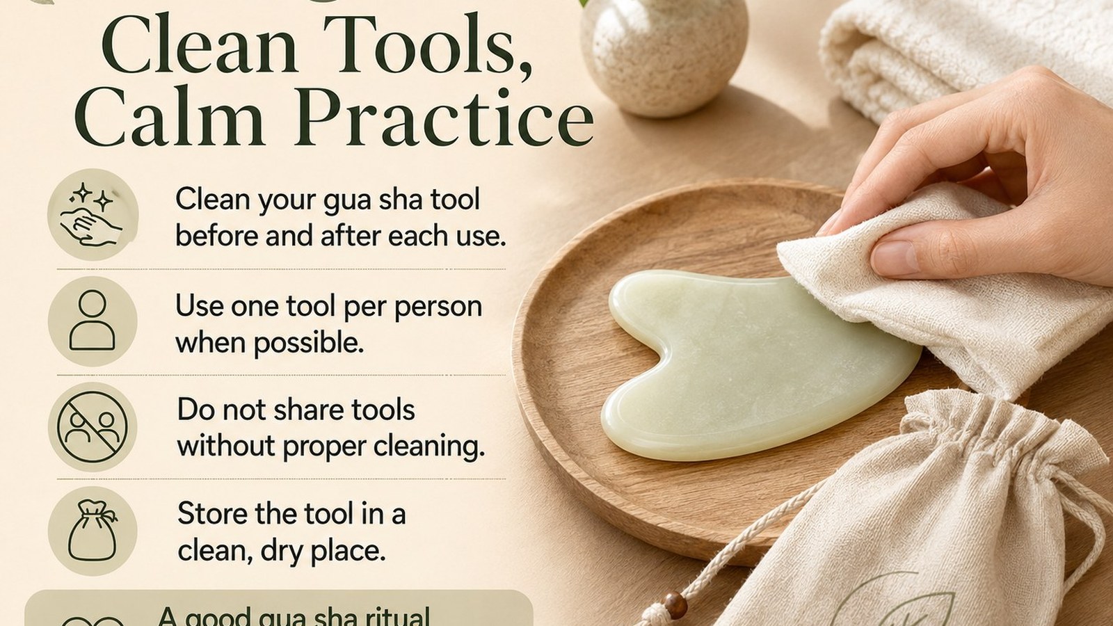 Gua sha tool being cleaned with a soft cloth after use