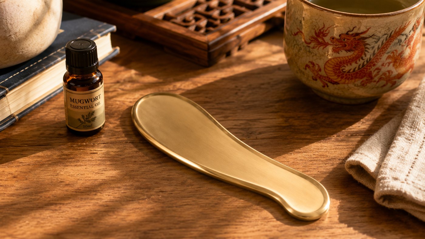 Brass gua sha tool with mugwort oil tea cup and books on a wooden table