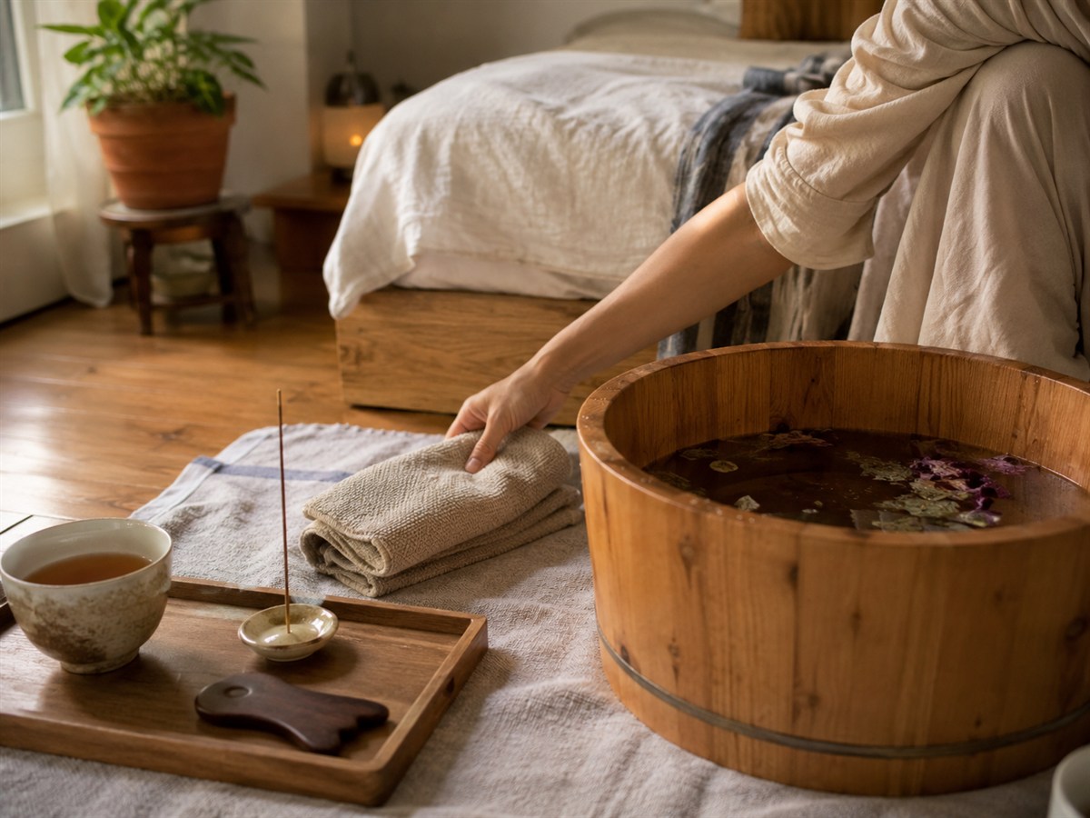 Daily wellness ritual with foot soak towel tea and incense