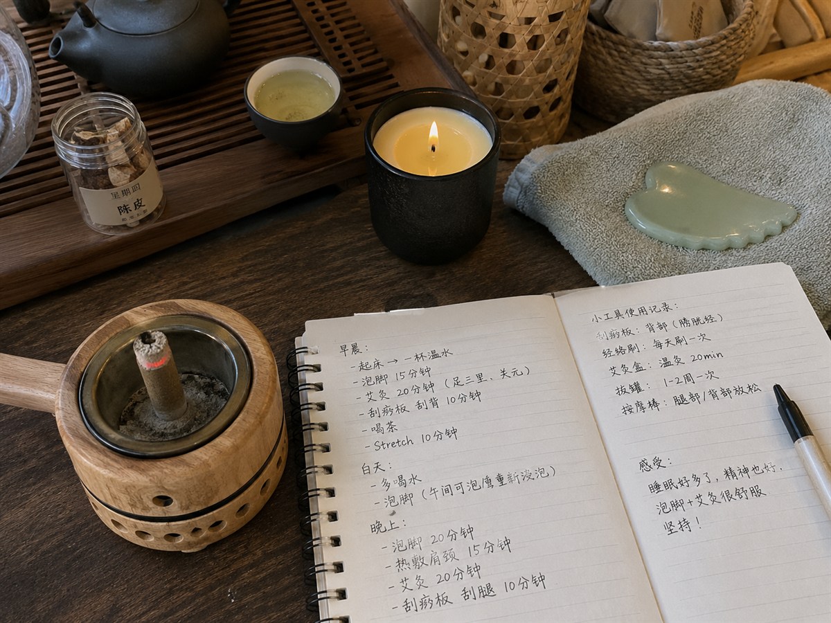 Wellness notes with moxa tool tea and gua sha