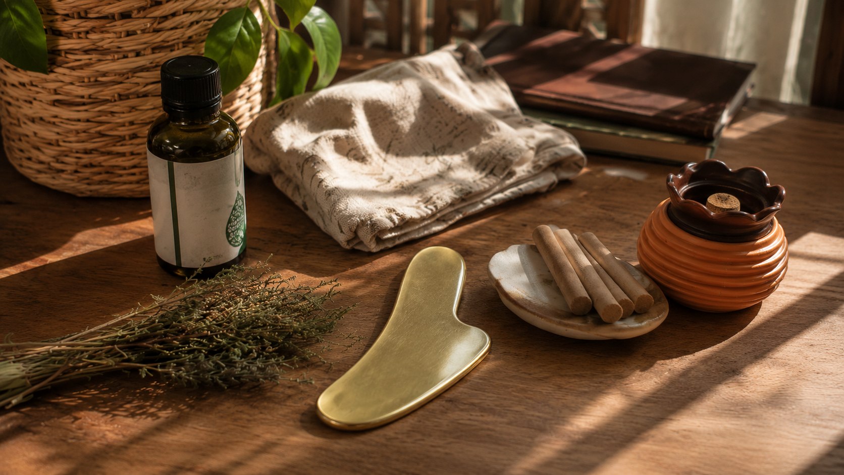 Moxa sticks, moxa vessel, herbs, and gua sha tool on a wooden table