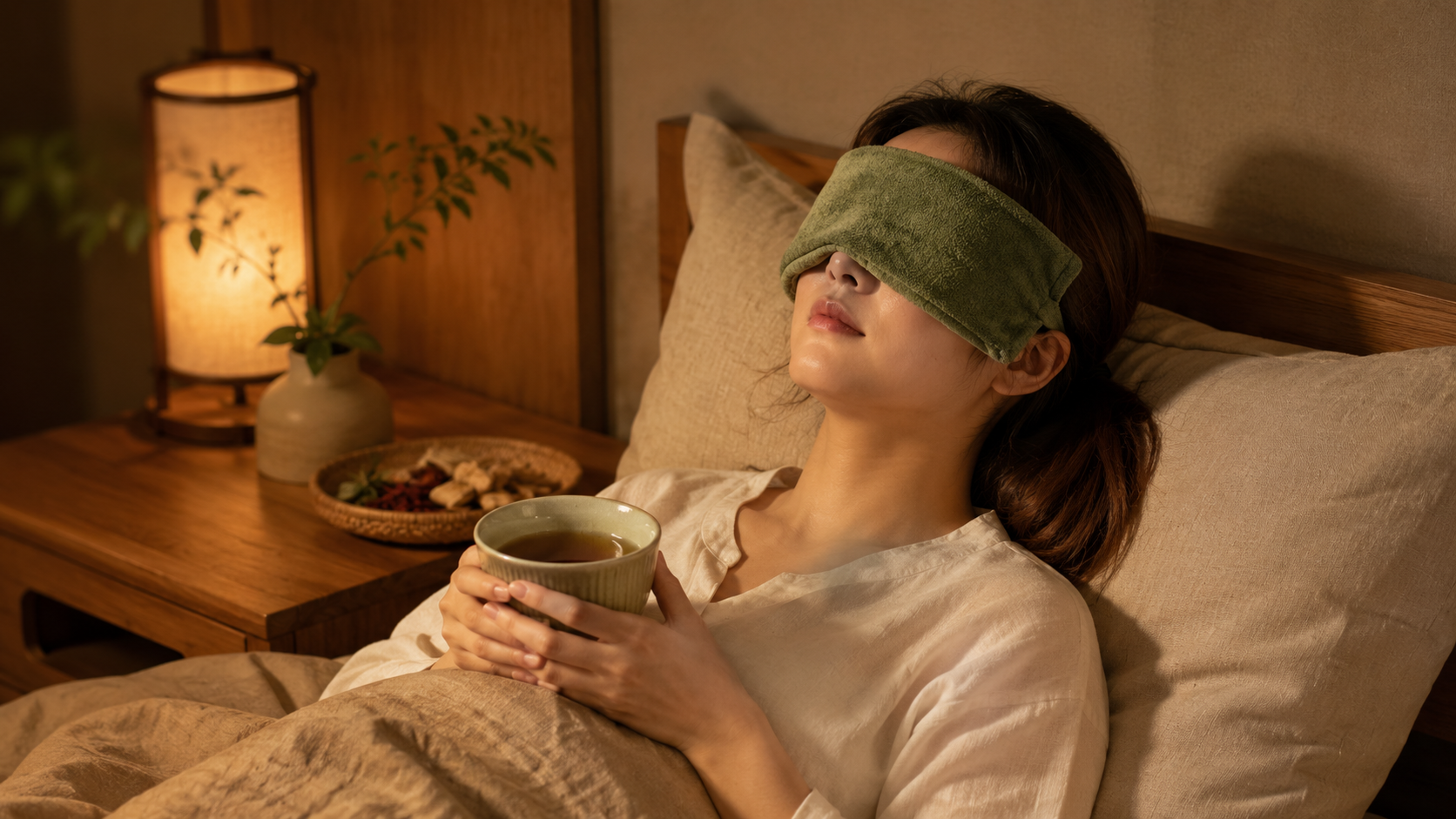 Evening warm towel over the eyes with a cup of warm tea in a calm bedroom