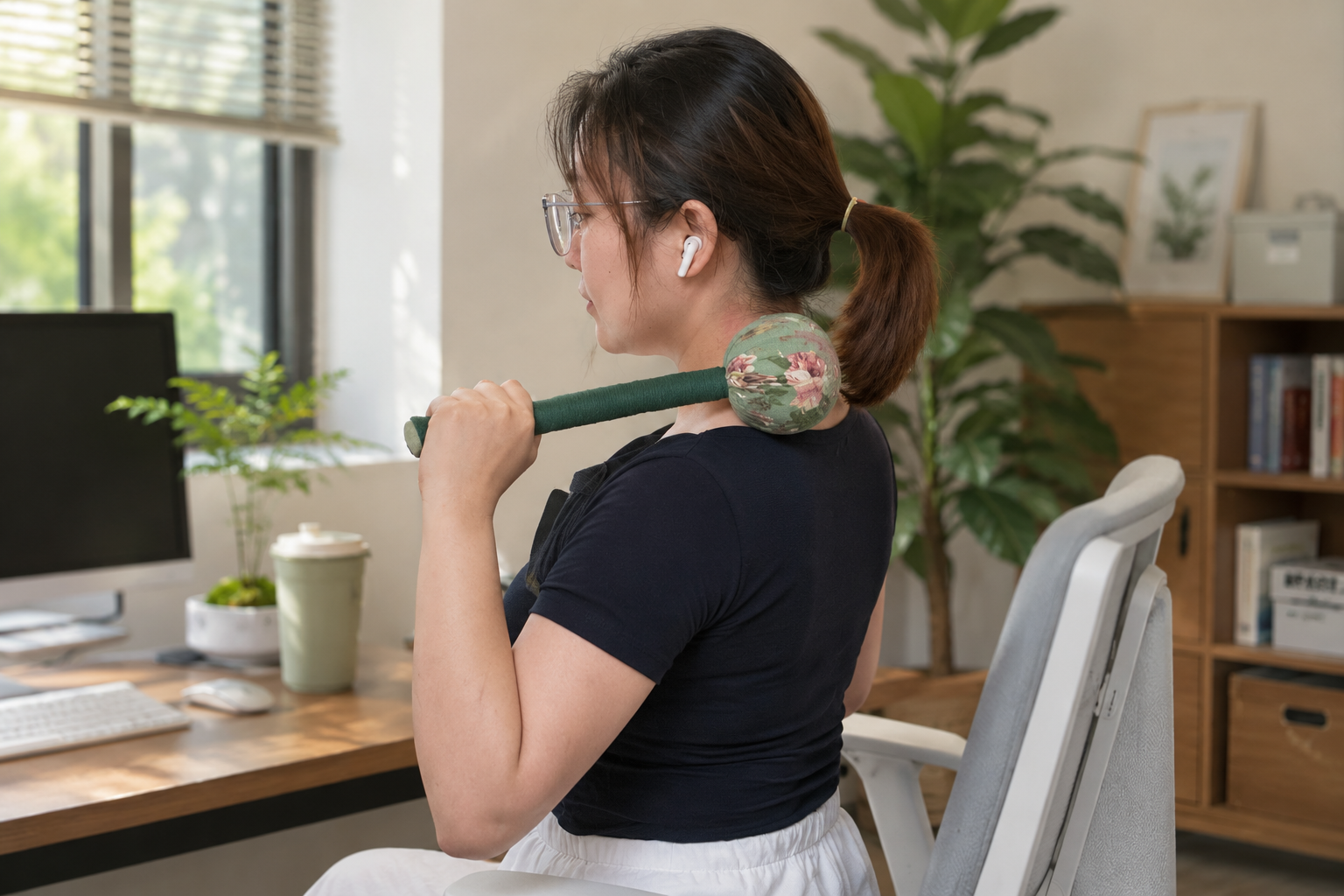 Person gently using a massage hammer on the shoulder while seated at a desk