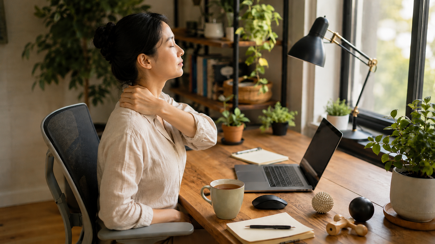 Office worker gently holding the neck and shoulder area at a wooden desk