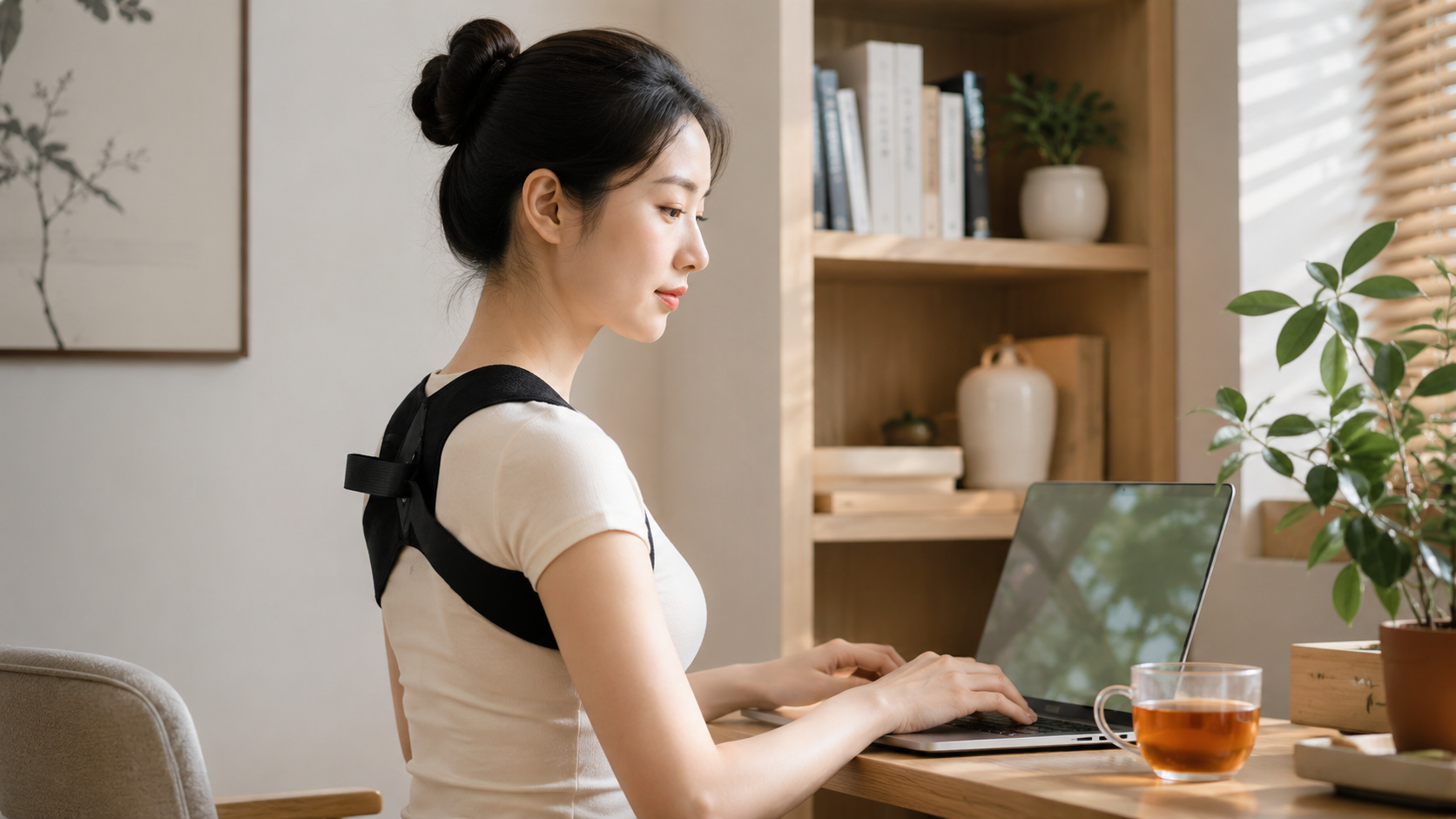Person wearing a posture support strap while working at a laptop