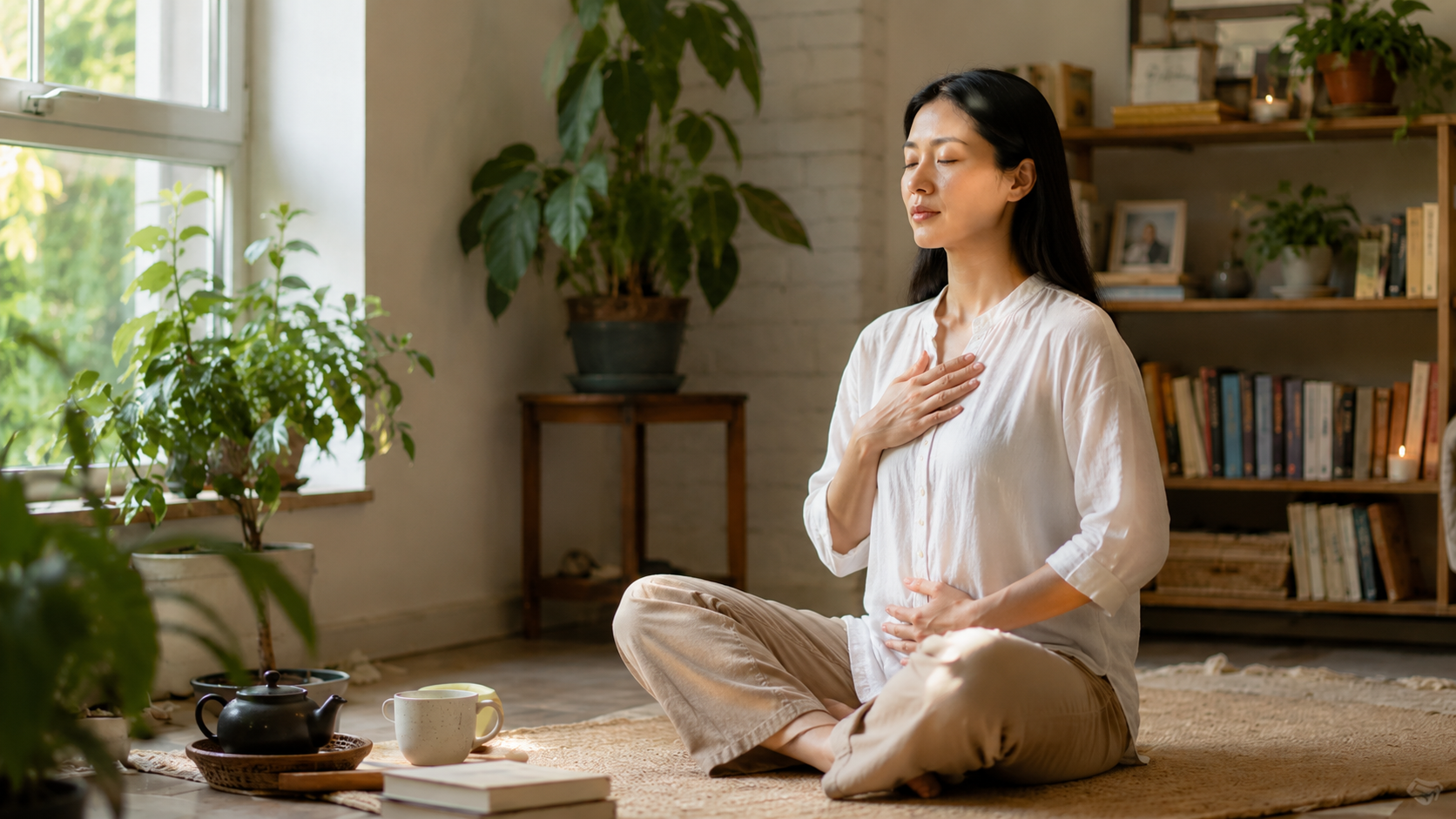 Woman sitting calmly with hands on chest and abdomen for breath awareness