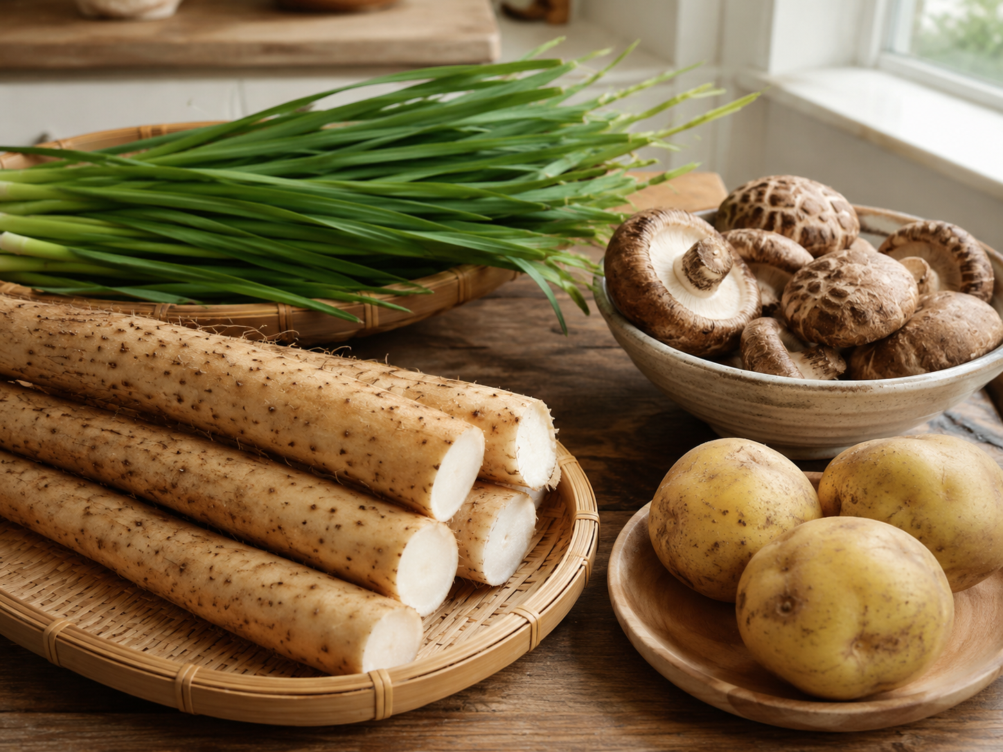 Chinese yam, chives, shiitake mushrooms, and potatoes for everyday seasonal cooking