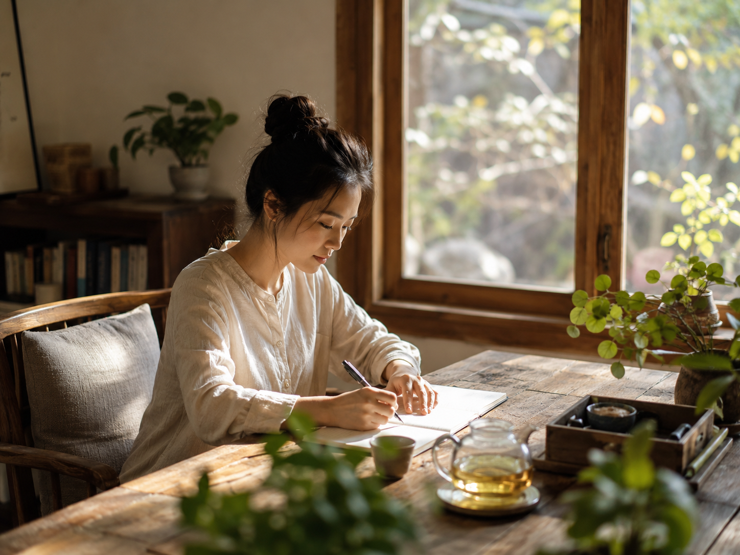 Woman writing by a wooden table for mindful daily body awareness