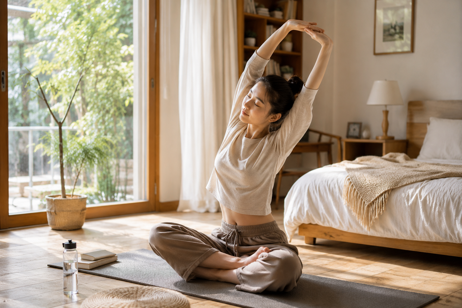 Gentle morning stretching in a calm room