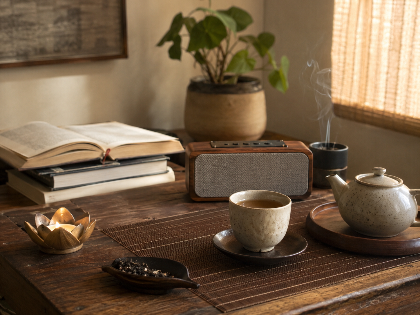 Tea table with soft light, music, and a calm daily ritual setting
