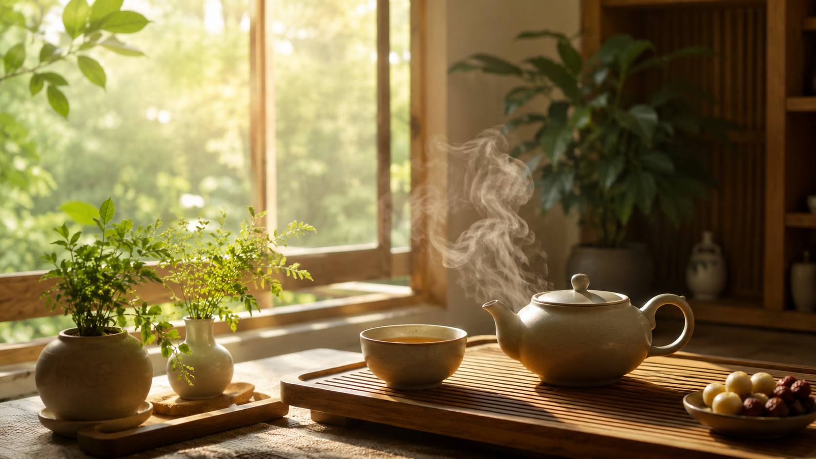 Warm tea steam by a sunny window as a visual metaphor for Qi