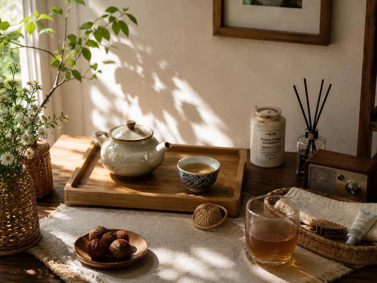 Tea and daily wellness ritual with teapot and natural light