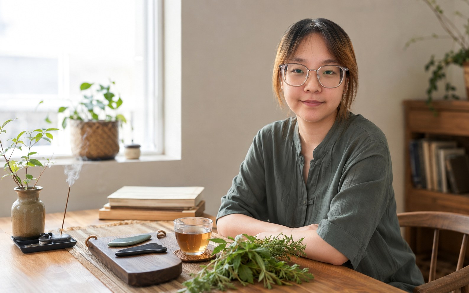 Ye Caiqi at a tea table with herbs and gua sha tools