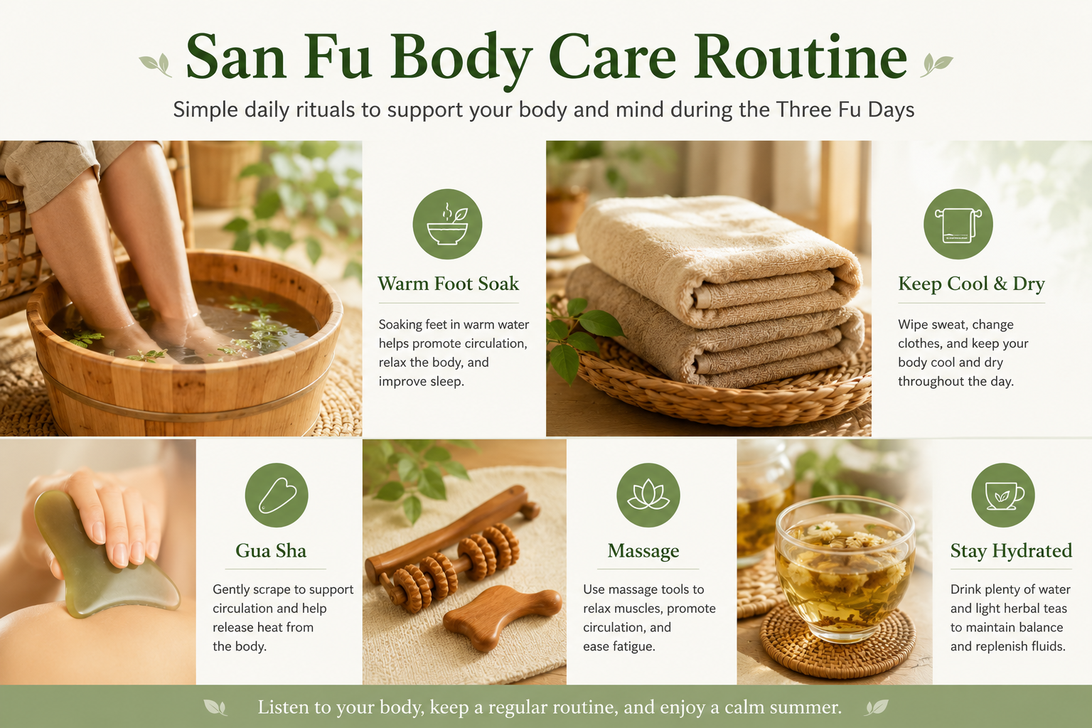 Simple San Fu body care routine: warm foot soak, gua sha, massage, hydration, and cooling daily care.