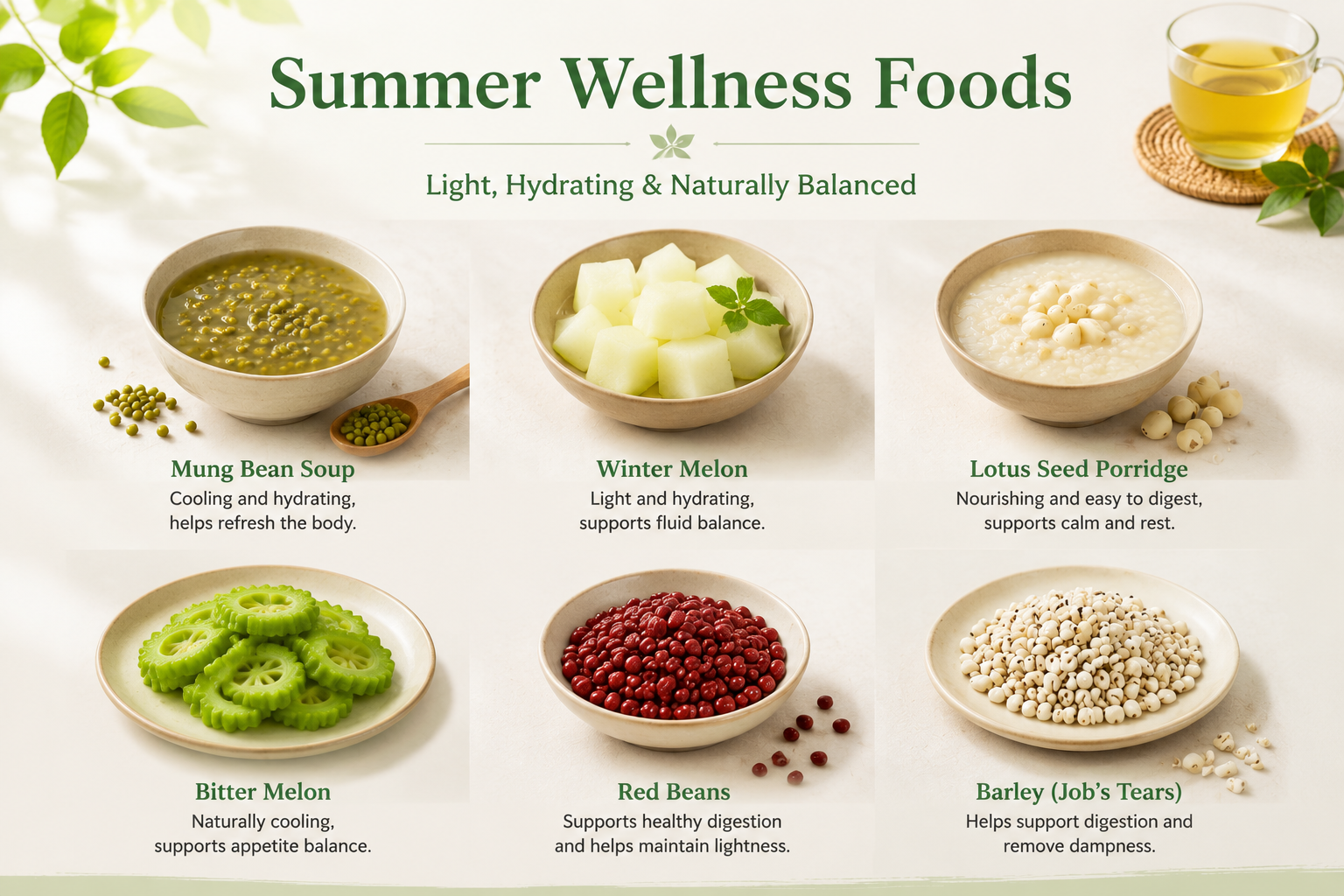 Summer wellness foods traditionally associated with light, hydrating seasonal eating.