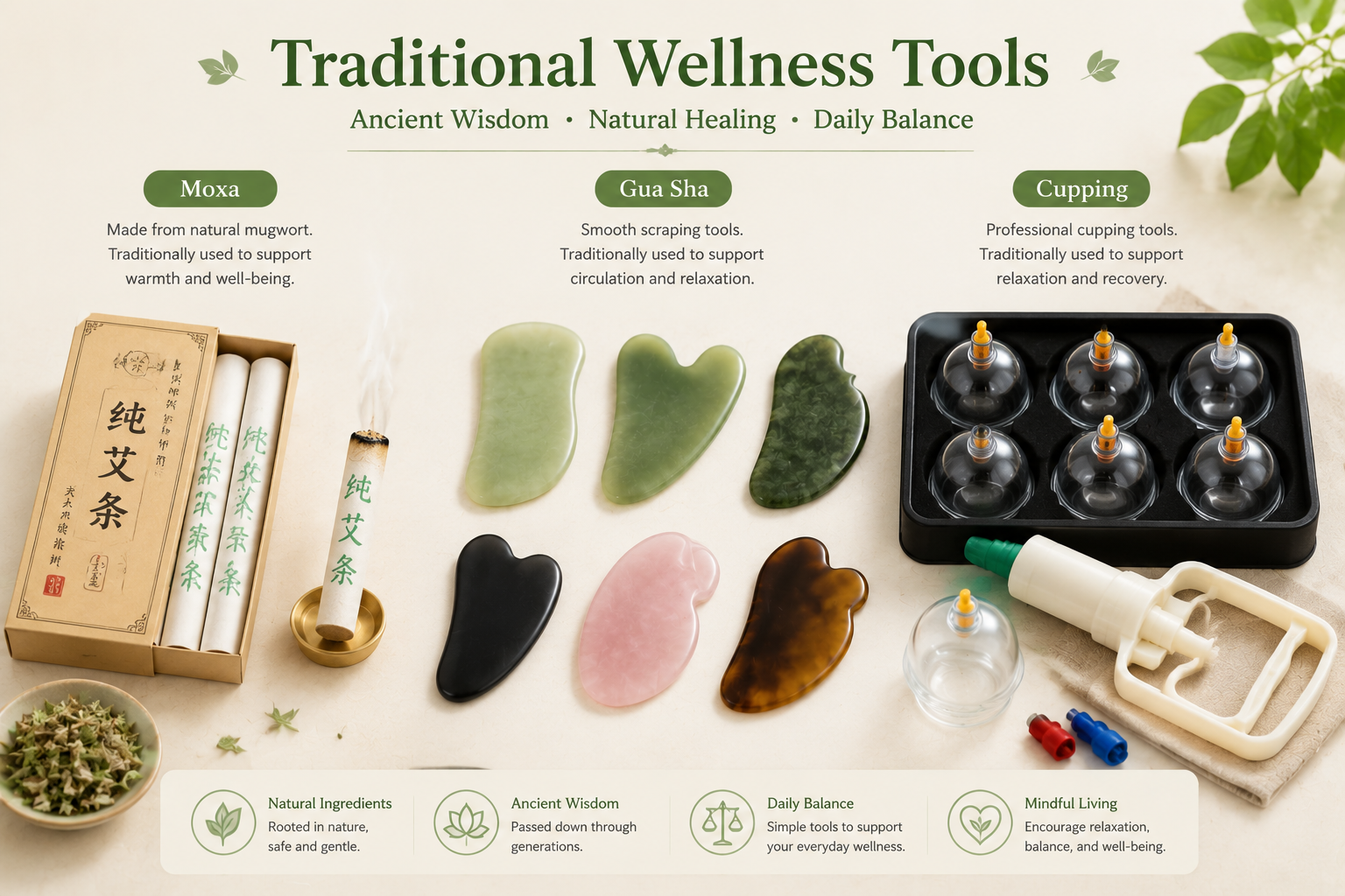 Traditional wellness tools commonly referenced in seasonal self-care culture: moxa, gua sha, and cupping.