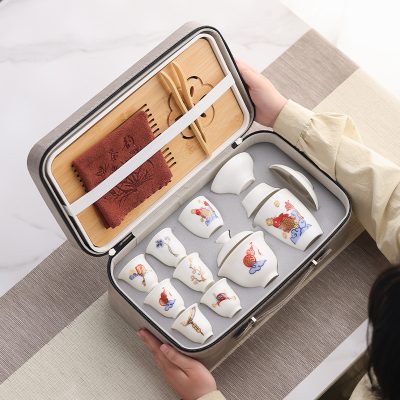 Chinese Style Cultural and Creative White Jade Travel Tea Set Outdoor Portable Home Light Luxury White Porcelain Lidded Bowl Tea Cup Complete Set
