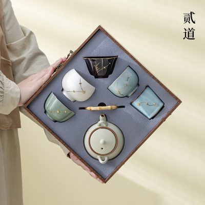 Five Famous Kiln Tea Sets, High-End National Trend Kung Fu Ceramic Tea Cups, Cultural and Creative Gift Boxes, Housewarming and Retirement Souvenirs