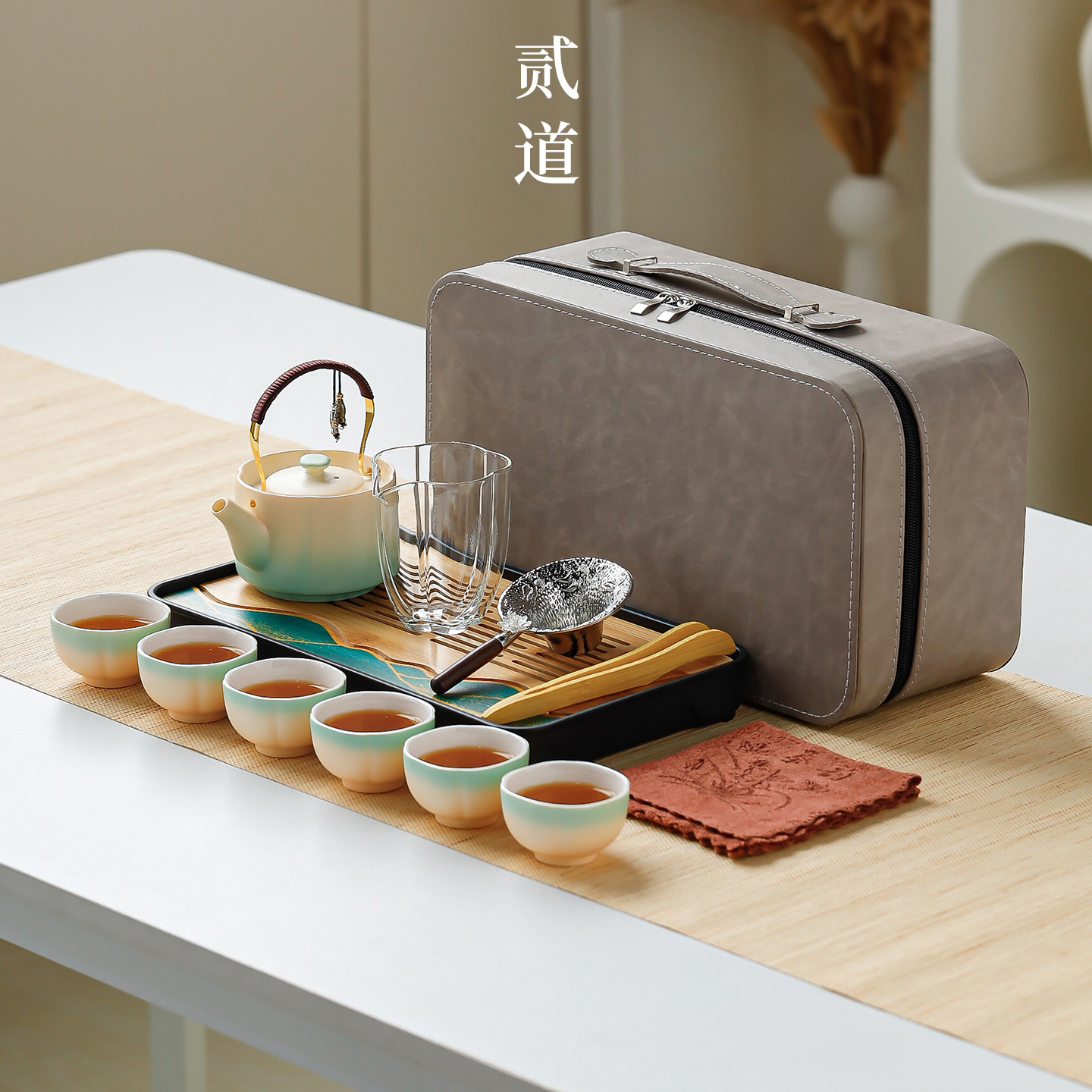 Kung Fu Tea Set for Home Use, Simple Ceramic Teapot Small Set, Portable Outdoor Travel Tea Set, Complete Set with Printed Logo - Image 2