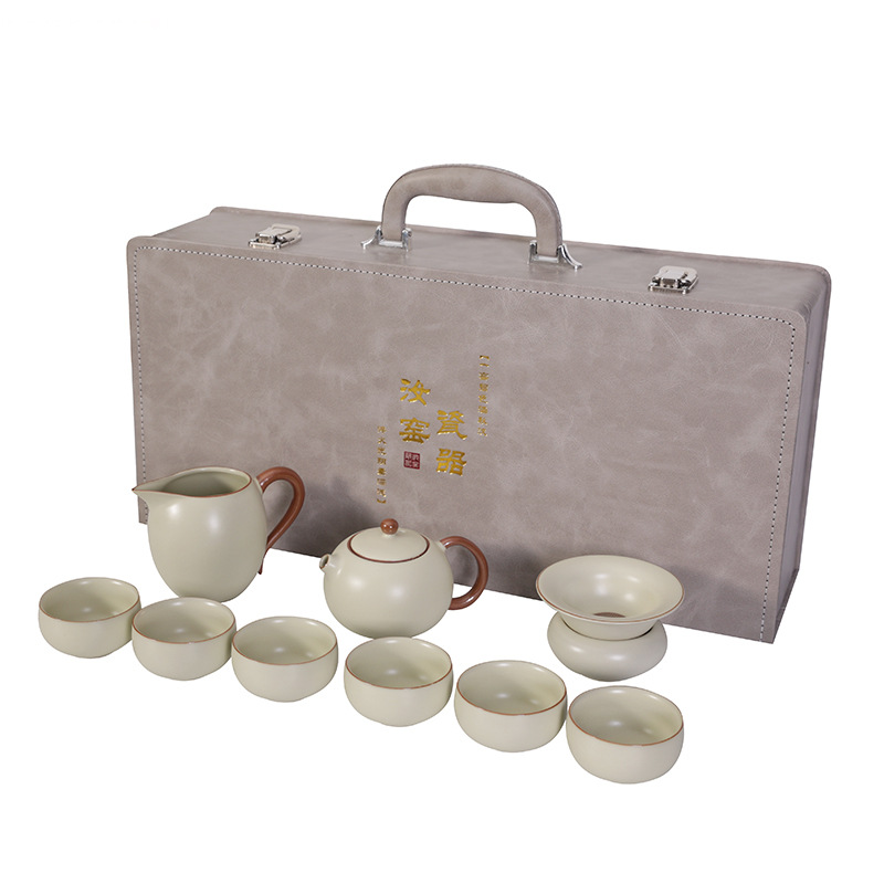 Beige Ru Kiln Ceramic Kung Fu Tea Set for Home Use, Including Teapot, Gaiwan, Teacups, and Crackle Glaze Tea Infuser - Image 5