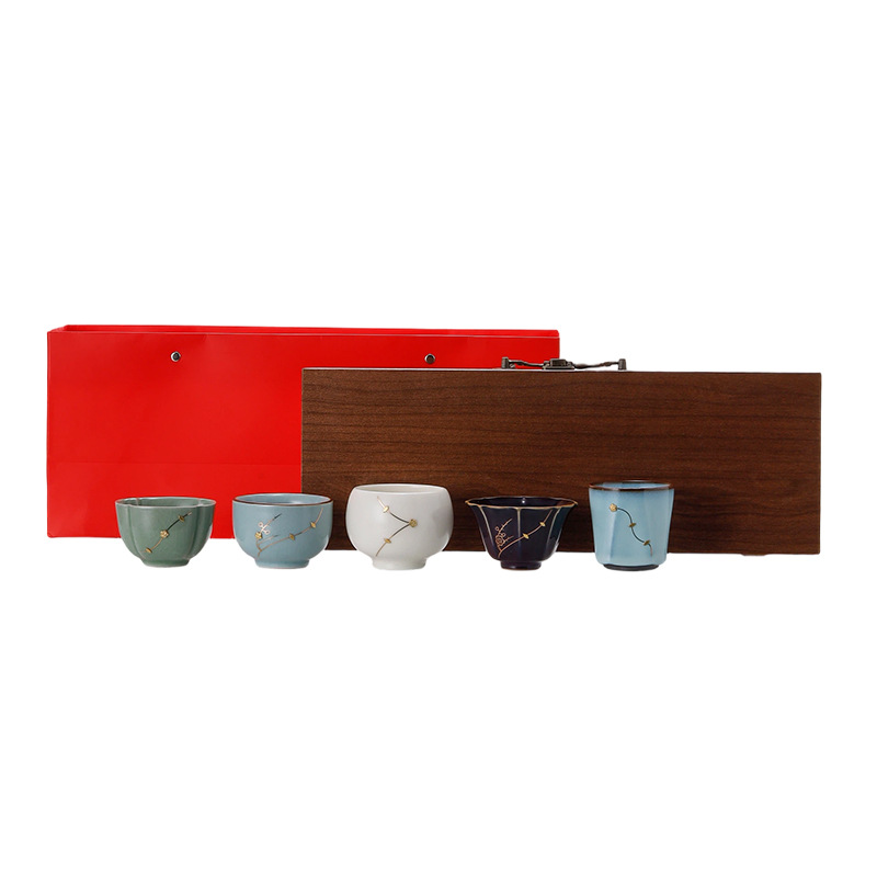 Five Famous Kiln Tea Cup Sets, Ceramic Tea Tasting Cups, Kung Fu Tea Sets, Small Cups with Rivet Decoration, High-End Souvenir Gift Box Packaging - Image 5
