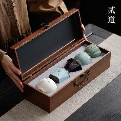 Five Famous Kiln Tea Cup Sets, Ceramic Tea Tasting Cups, Kung Fu Tea Sets, Small Cups with Rivet Decoration, High-End Souvenir Gift Box Packaging