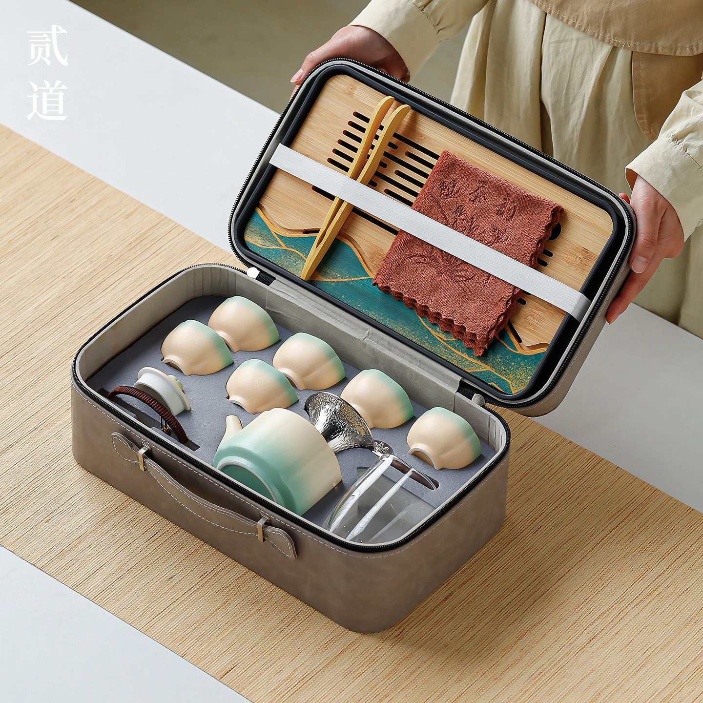 Kung Fu Tea Set for Home Use, Simple Ceramic Teapot Small Set, Portable Outdoor Travel Tea Set, Complete Set with Printed Logo - Image 4