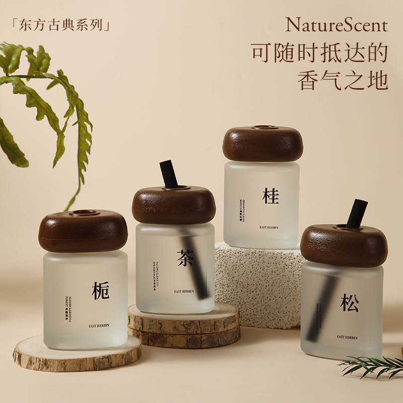 Wood Grain Cover Flameless Aroma Diffuser with Rattan Sticks and Essential Oils for Bedroom, Hotel, Bathroom, Indoor Freshening, High-End Deodorizing Ornament