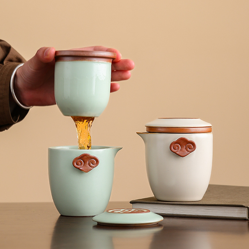 Ru Kiln Quick Cup Portable Travel Tea Set Small Set Ceramic One Pot Four Cups Home Car Tea Kettle Logo - Image 3