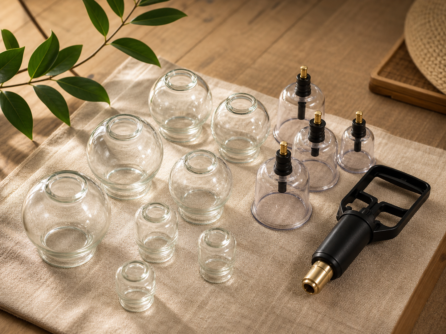 Glass and vacuum cupping tools arranged on linen and natural wood in warm sunlight